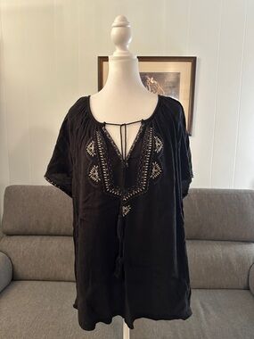 Lucky Brand Boho Embroidered Black Blouse